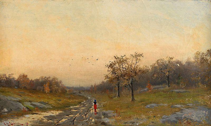Mauritz Lindstrom Autumn Landscape with a Woman on a Road oil painting image